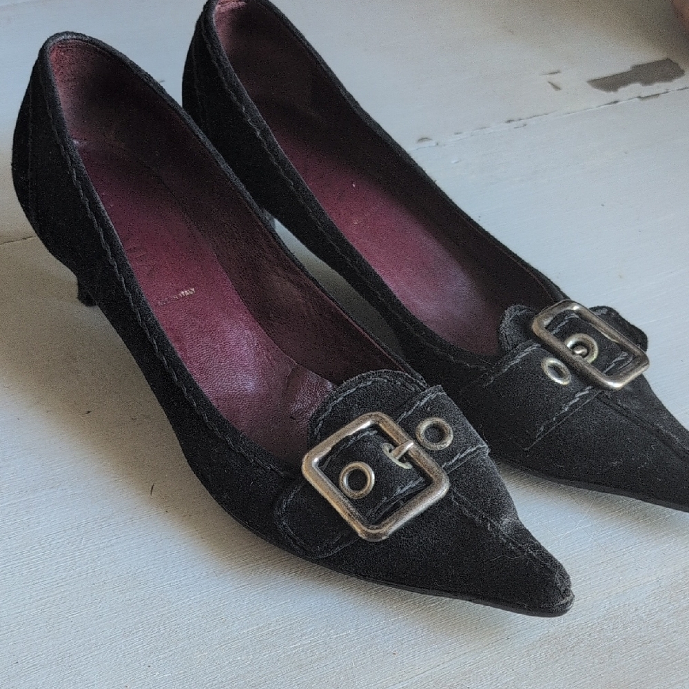 Prada Suede Black Kitten Heels with Silver Buckle